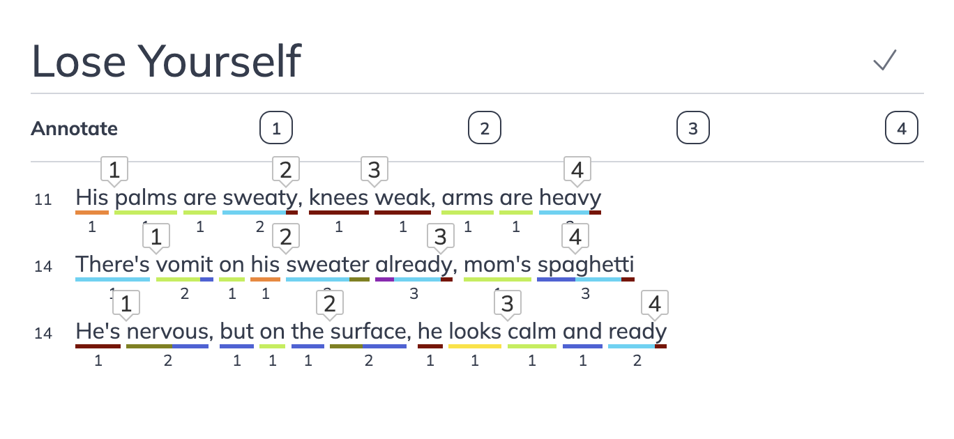 Screenshot of Lazyjot lyric writing software highlighting rhymes in a song