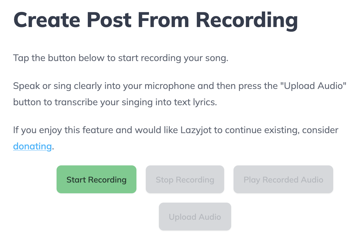 Voice-to-text transcription interface in Lazyjot converting audio to lyrics